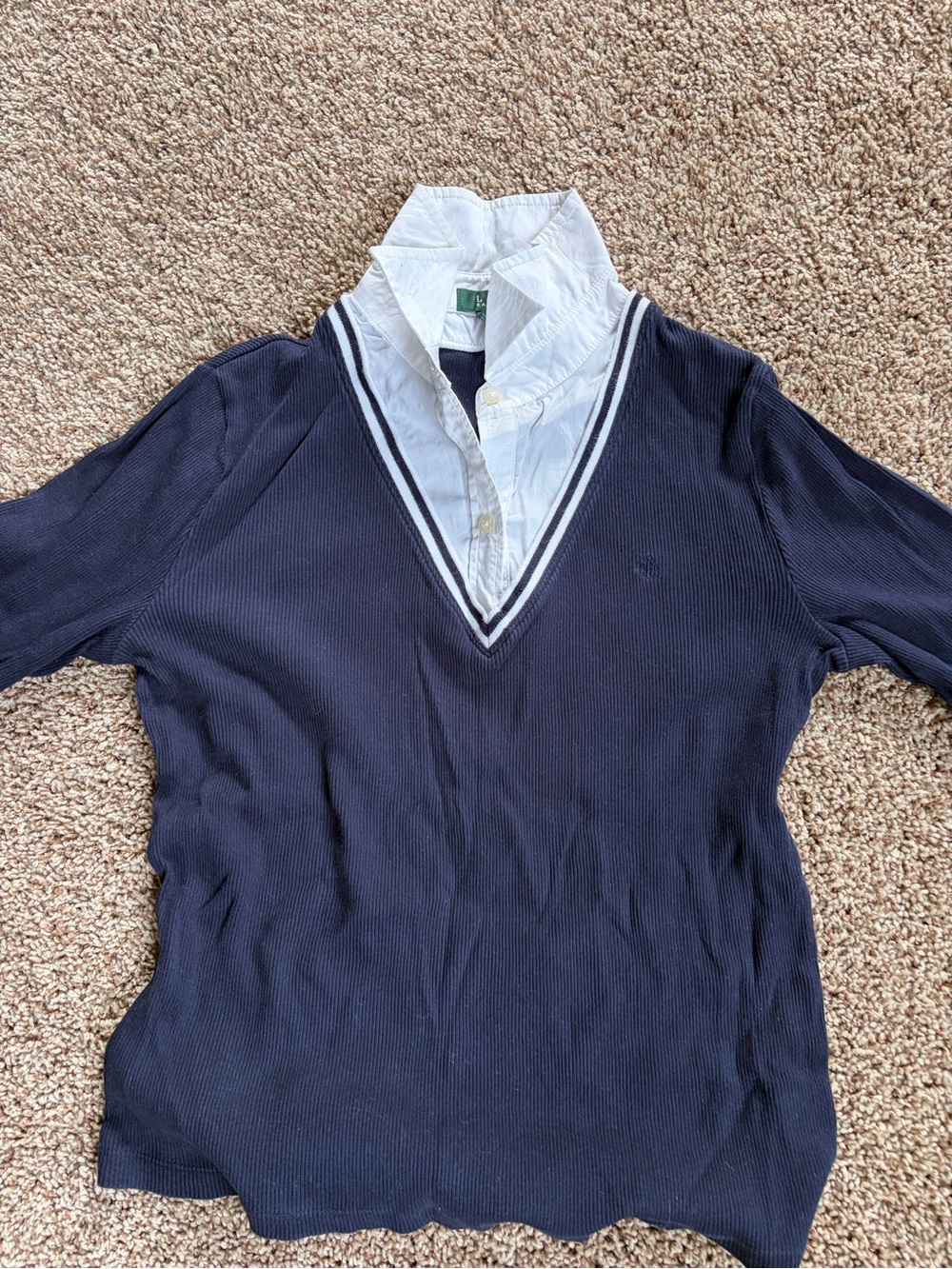 Ralph Lauren Navy V-Neck Sweater with White Trim